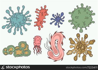 Microorganism and bacteria life concept. Set of colorful various shaped bacterias and microorganisms isolated over white background vector illustration . Microorganism and bacteria life concept.