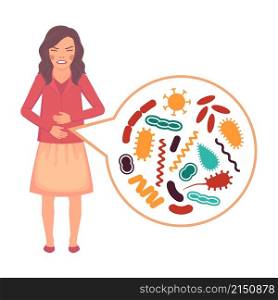 microorganisms image. Children digestive system problems. Stomach ache, food poisoning symptom, isolated sick child. vector illustration. Flat design style