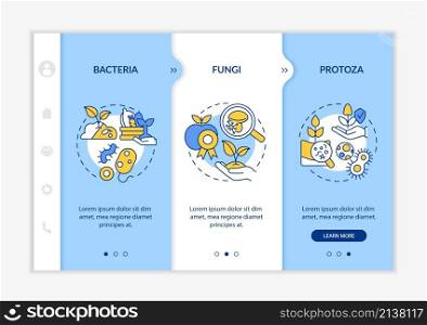 Microorganisms in agriculture blue and white onboarding template. Responsive mobile website with linear concept icons. Web page walkthrough 3 step screens. Lato-Bold, Regular fonts used. Microorganisms in agriculture blue and white onboarding template