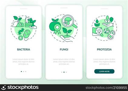 Microorganisms in agriculture green onboarding mobile app screen. Walkthrough 3 steps graphic instructions pages with linear concepts. UI, UX, GUI template. Myriad Pro-Bold, Regular fonts used. Microorganisms in agriculture green onboarding mobile app screen