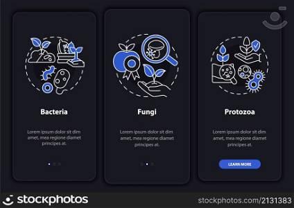 Microorganisms in agriculture night mode onboarding mobile app screen. Walkthrough 3 steps graphic instructions pages with linear concepts. UI, UX, GUI template. Myriad Pro-Bold, Regular fonts used. Microorganisms in agriculture night mode onboarding mobile app screen