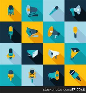 Microphone and megaphone loudspeaker musical and announcement devices flat icon set isolated vector illustration