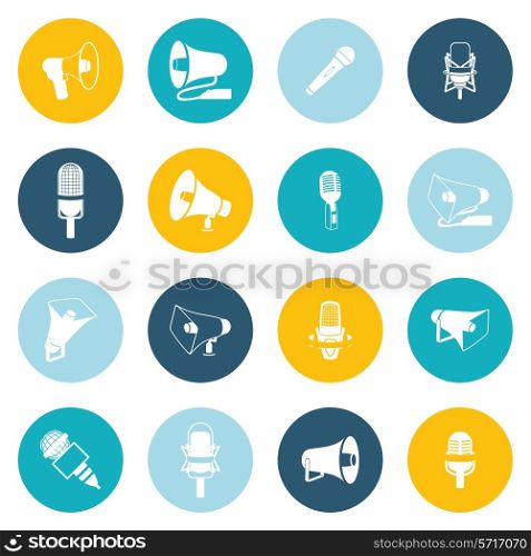 Microphone and megaphone loudspeaker technology media advertisement flat icon set isolated vector illustration