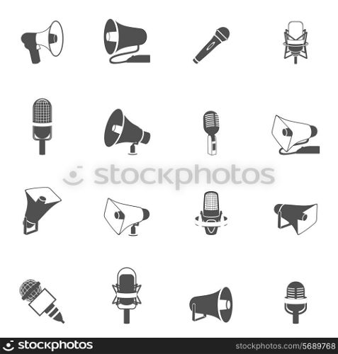 Microphone and megaphone vintage sound audio studio communication equipment black icon set isolated vector illustration