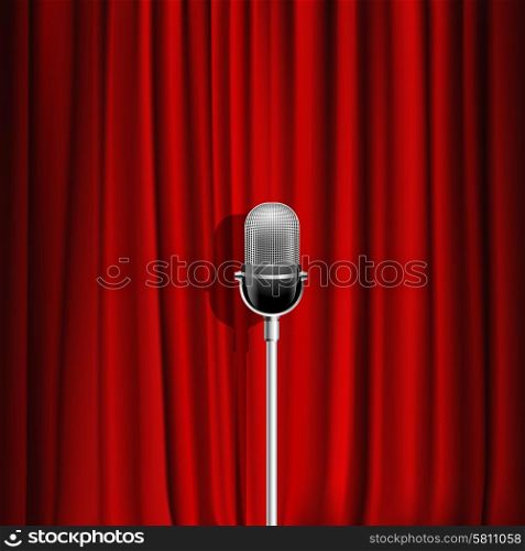 Microphone And Red Curtain Background . Microphone and red curtain realistic background as stage symbol vector illustration