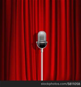 Microphone And Red Curtain Background . Microphone and red curtain realistic background as stage symbol vector illustration