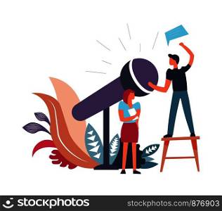 Microphone and thoughts of person speaking isolated vector. Stand and big mic, male standing on stool talking about ideas, chatting with public. Woman journalist with questions list in hands. Microphone and thoughts of person speaking isolated vector