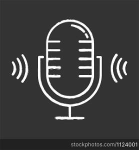 Microphone chalk icon. Voice scan software idea. Modern sound recording equipment. Stereo frequency, speech recognize. Volume amplifier, recording accessory. Isolated vector chalkboard illustration