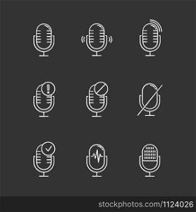 Microphone connection problem chalk icons set. Sound recorders idea. Connected mics. Different voice commands. Music equipment. Modern digital devices. Isolated vector chalkboard illustrations