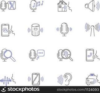 Microphone connection problem linear icons set. Sound recorders. Connected mics. Different voice commands. Thin line contour symbols. Isolated vector outline illustrations. Editable stroke