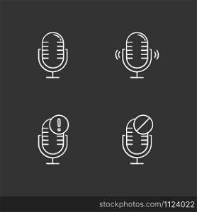 Microphone connection problems chalk icons set. Sound recording mistake idea. Voice record equipments. Podcast technology. Portable mics. Error notification. Isolated vector chalkboard illustrations