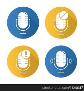 Microphone connection problems flat design long shadow glyph icons set. Sound recording mistake idea. Voice record equipments. Portable mics. Error notification. Vector silhouette illustration