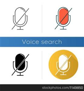 Microphone forbidden icons set. Sound recorder error notification idea. Recording prohibited. Voice speaker installation mistake. Linear, black and color styles. Isolated vector illustrations