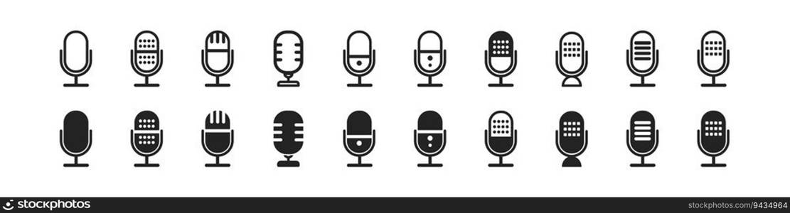 microphone icon set on white background, podcast symbol, different microphones collection, sound sign, speak icon, modern design, vector illustration