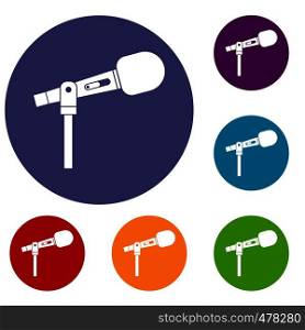 Microphone icons set in flat circle red, blue and green color for web. Microphone icons set