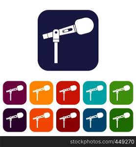 Microphone icons set vector illustration in flat style In colors red, blue, green and other. Microphone icons set flat