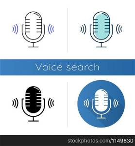 Microphone icons set. Voice scan software idea. Modern sound recording equipment. Stereo frequency, speech recognize. Volume amplifier. Linear, black and color styles. Isolated vector illustrations