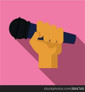 Microphone in hand icon. Flat illustration of microphone in hand vector icon for web design. Microphone in hand icon, flat style