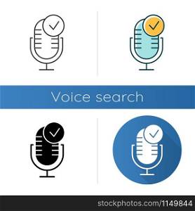 Microphone installation icons set. Sound recorder connected idea. Successful connection. Voice control, speech recognition process. Linear, black and color styles. Isolated vector illustrations