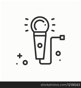 Microphone line outline icon. Voice record, karaoke, interview, audio sign. Vector simple linear design. Illustration. Flat symbols. Thin element