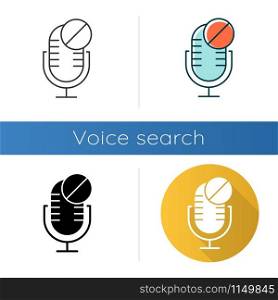 Microphone not available icons set. Sound recorder technical mistake idea. Voice speaker installation error. Recording equipment. Linear, black and color styles. Isolated vector illustrations