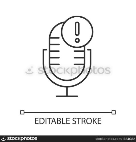 Microphone not available linear icon. Sound recorder technical mistake. Voice speaker installation error. Thin line illustration. Contour symbol. Vector isolated outline drawing. Editable stroke