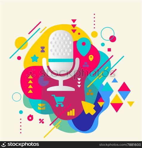 Microphone on abstract colorful spotted background with different elements. Flat design.