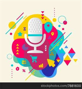 Microphone on abstract colorful spotted background with different elements. Flat design.