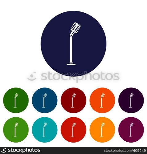 Microphone on stand set icons in different colors isolated on white background. Microphone on stand set icons