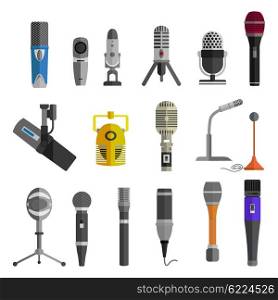 Microphone set design flat isolated icon, vintage microphone stand, sound media, record vocal, karaoke musical vector illustration
