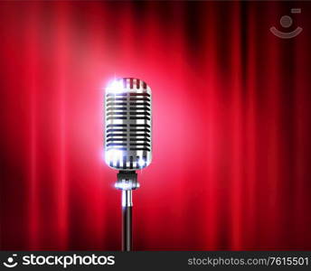 Microphone stand up show realistic composition with shiny microphone against a red theater curtain vector illustration