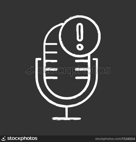 Microphone technical error chalk icon. Sound recorder connection problem idea. Voice control mistake. Recording equipment. Speech recognition tool. Isolated vector chalkboard illustration
