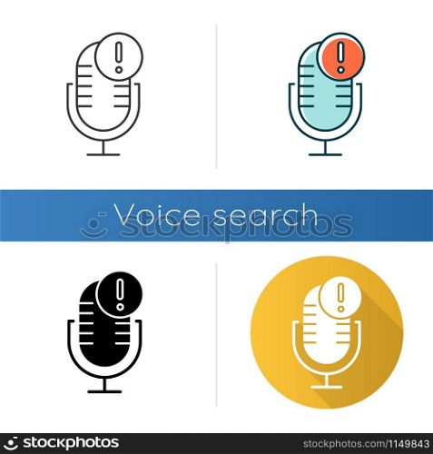 Microphone technical error icons set. Sound recorder connection problem idea. Voice control mistake. Recording equipment. Linear, black and color styles. Isolated vector illustrations