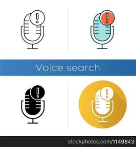 Microphone technical error icons set. Sound recorder connection problem idea. Voice control mistake. Recording equipment. Linear, black and color styles. Isolated vector illustrations