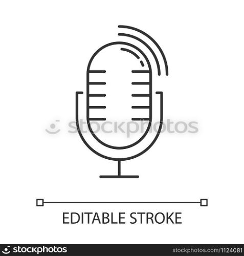 Microphone technical error linear icon. Sound recorder problem. Voice control mistake. Recording equipment. Thin line illustration. Contour symbol. Vector isolated outline drawing. Editable stroke