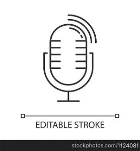 Microphone technical error linear icon. Sound recorder problem. Voice control mistake. Recording equipment. Thin line illustration. Contour symbol. Vector isolated outline drawing. Editable stroke