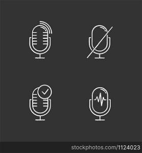 Microphone using modes chalk icons set. Voice control idea. Sound recorder installation. Speech recognition process. Mic connection problem. Technical mistake.Isolated vector chalkboard illustrations