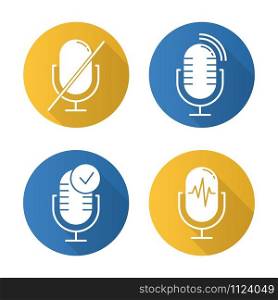 Microphone using modes flat design long shadow glyph icons set. Sound recorder installation. Speech recognition process. Mic connection problem. Technical mistake. Vector silhouette illustration