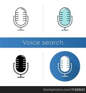 Microphone using modes icons set. Professional music mics. Musical record equipment. Portable audio mikes. Wireless recording device. Linear, black and color styles. Isolated vector illustrations