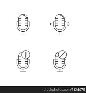Microphone using modes linear icons set. Voice control. Sound recorder installation. Speech recognition process.Thin line contour symbols. Isolated vector outline illustrations. Editable stroke