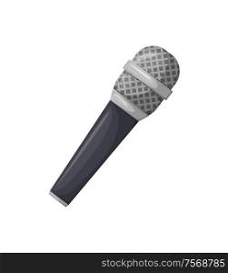 Microphone with black handle vector, isolated icon of mike, karaoke sign. Concert and performance of musician, entertainment with voice professional mic. Microphone with Black Handle, Karaoke Sign Icon