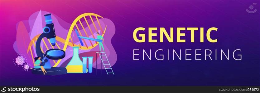 Microscope and scientists changing DNA structure. Genetic engineering, genetic modification and genetic manipulation concept on white background. Header or footer banner template with copy space.. Genetic engineering concept banner header.