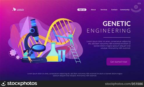 Microscope and scientists changing DNA structure. Genetic engineering, genetic modification and genetic manipulation concept on white background. Website vibrant violet landing web page template.. Genetic engineering concept landing page.