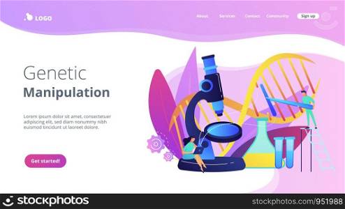 Microscope and scientists changing DNA structure. Genetic engineering, genetic modification and genetic manipulation concept on white background. Website vibrant violet landing web page template.. Genetic engineering concept landing page.