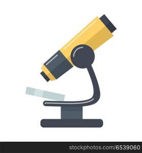 Microscope cartoon icon. Scientific and medical magnifying instrument flat vector illustration isolated on white. Laboratory equipment for microbiological researching. Practical science and experiment. Yellow Microscope Flat Vector Icon . Yellow Microscope Flat Vector Icon