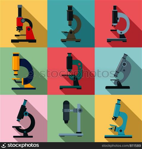 Microscope icon set. Flat set of microscope vector icons for web design. Microscope icon set, flat style