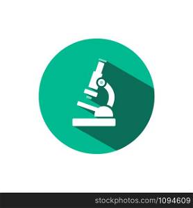 Microscope icon with shadow on a green circle. Flat color vector pharmacy illustration