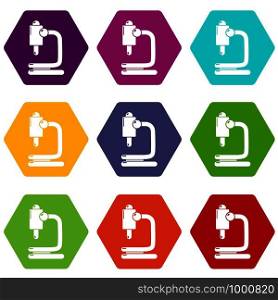 Microscope icons 9 set coloful isolated on white for web. Microscope icons set 9 vector