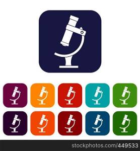 Microscope icons set vector illustration in flat style In colors red, blue, green and other. Microscope icons set flat