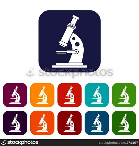 Microscope icons set vector illustration in flat style In colors red, blue, green and other. Microscope icons set